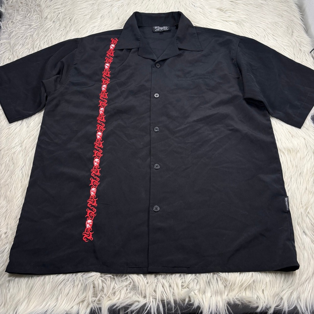 Vintage Dragonfly Men's XL Black Skull Cybersigilism Bowling Shirt Rockabilly